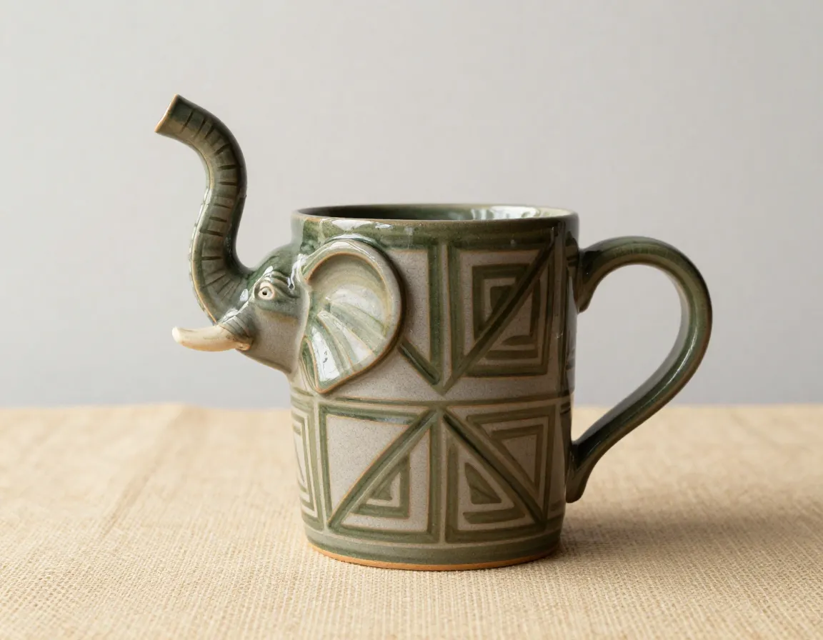 Elephant trunk handle olive green geometric pattern ceramic mug