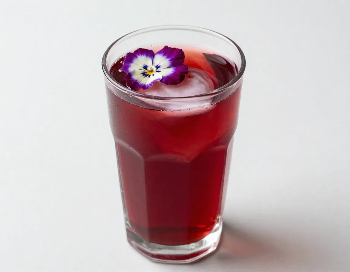 Ruby red hibiscus coconut tea garnished with edible flower