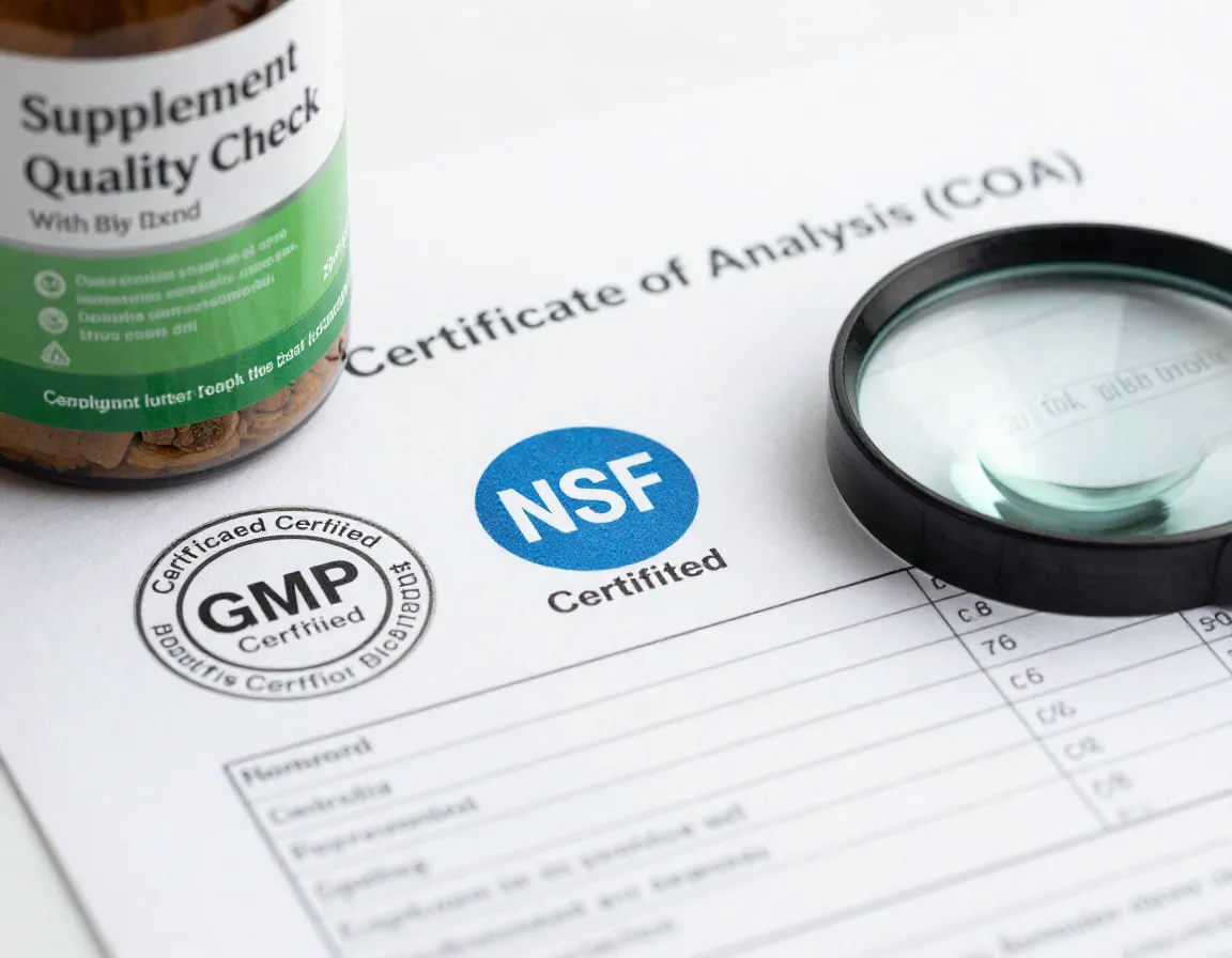 Supplement quality check with gmp nsf certification seals