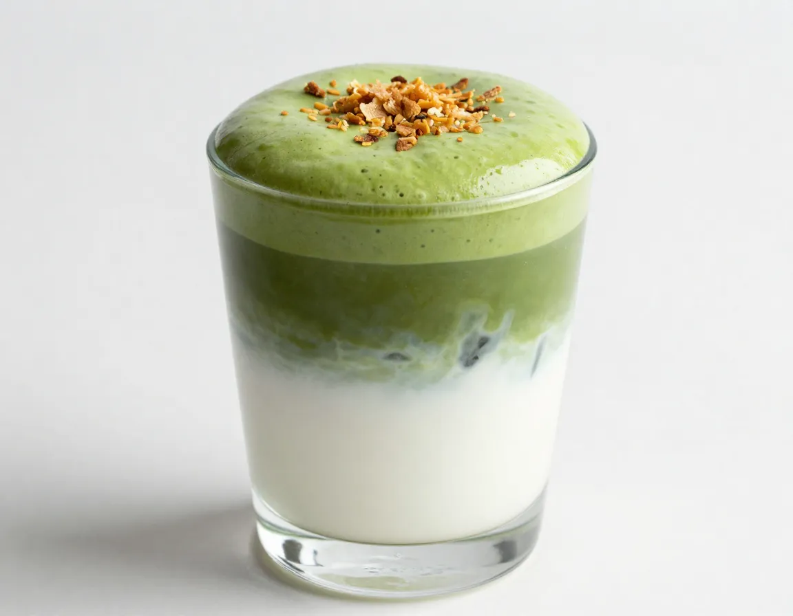 Layered coconut matcha dalgona with foam and toasted flakes