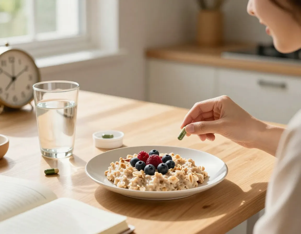 Morning routine with green tea capsule and breakfast