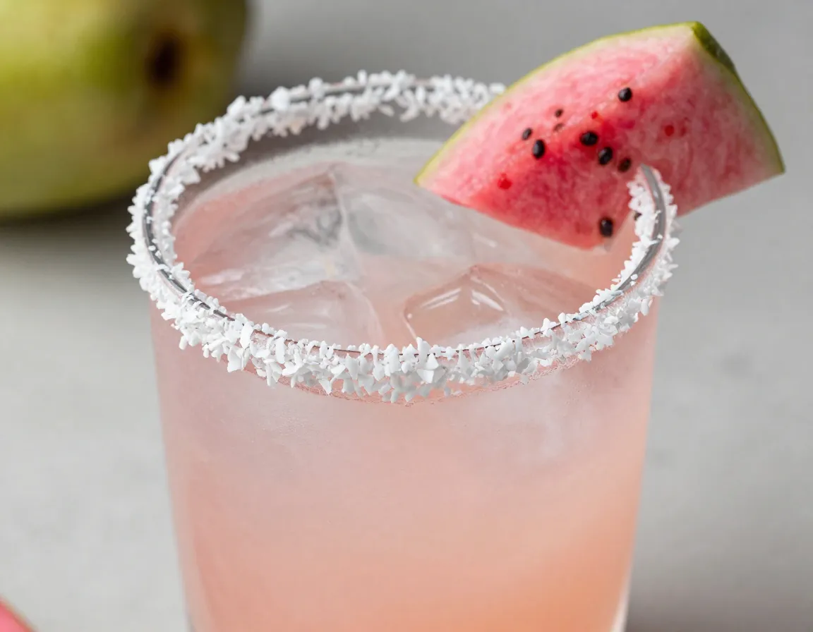 Delicate guava coconut white tea with coconut rim and fruit slice