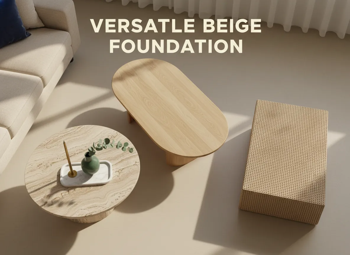 Beige coffee tables travertine oak rattan flat lay living room