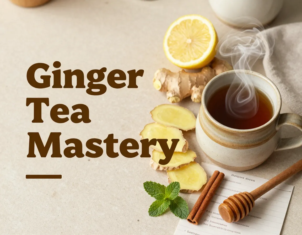 Fresh ginger slices lemon cinnamon mint honey ceramic mug flatlay