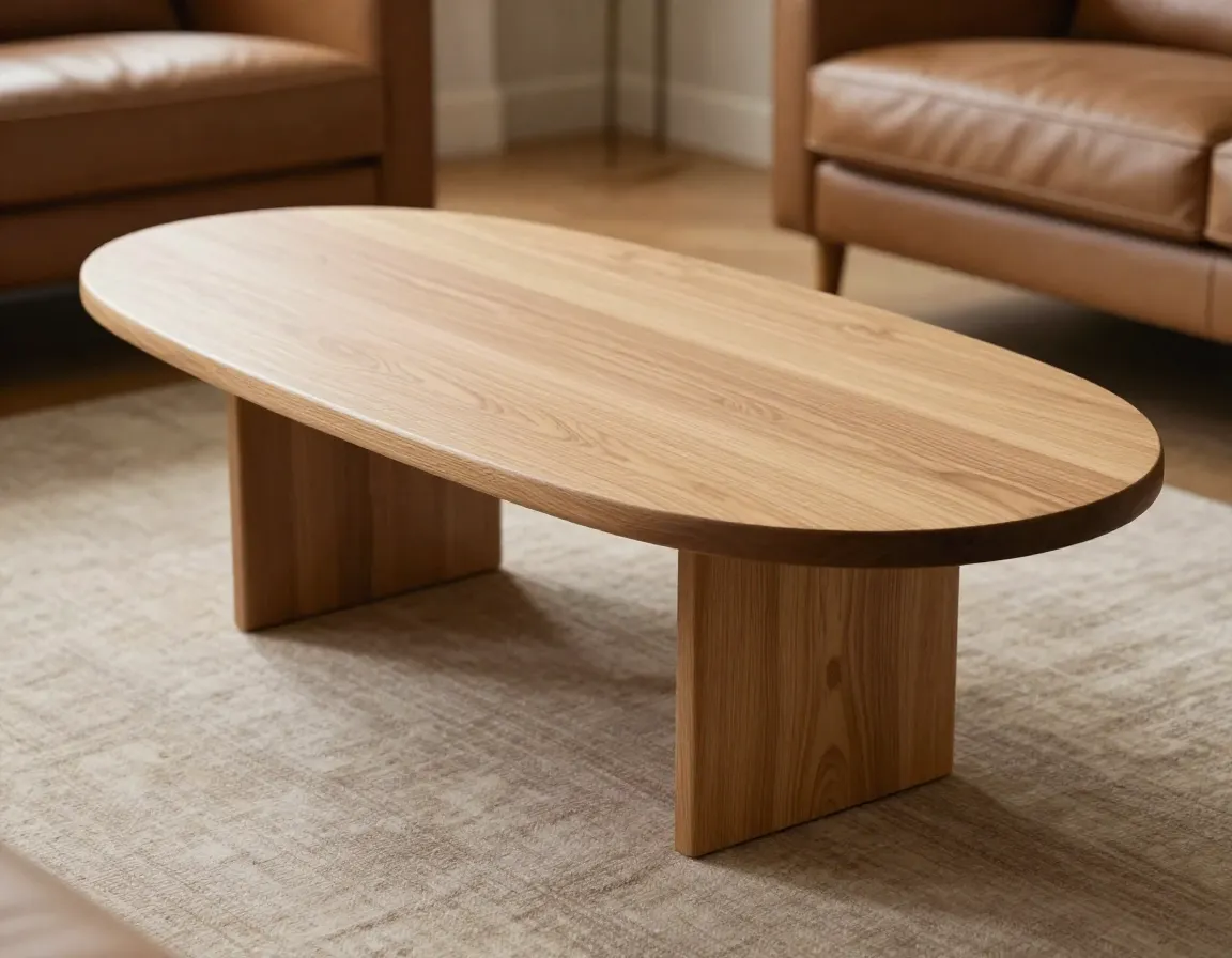 Light oak oval coffee table with soft edges in living room