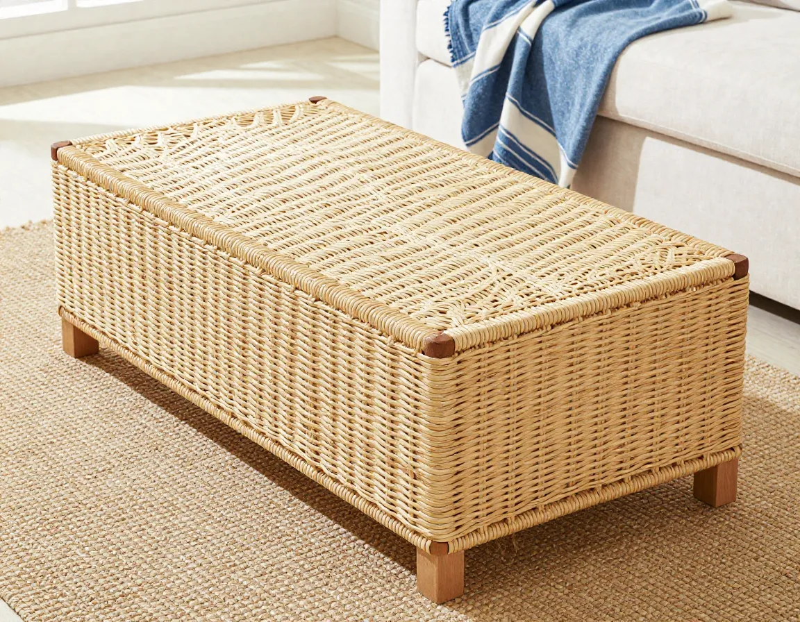 Rectangular woven rattan coffee table in a bright bohemian space