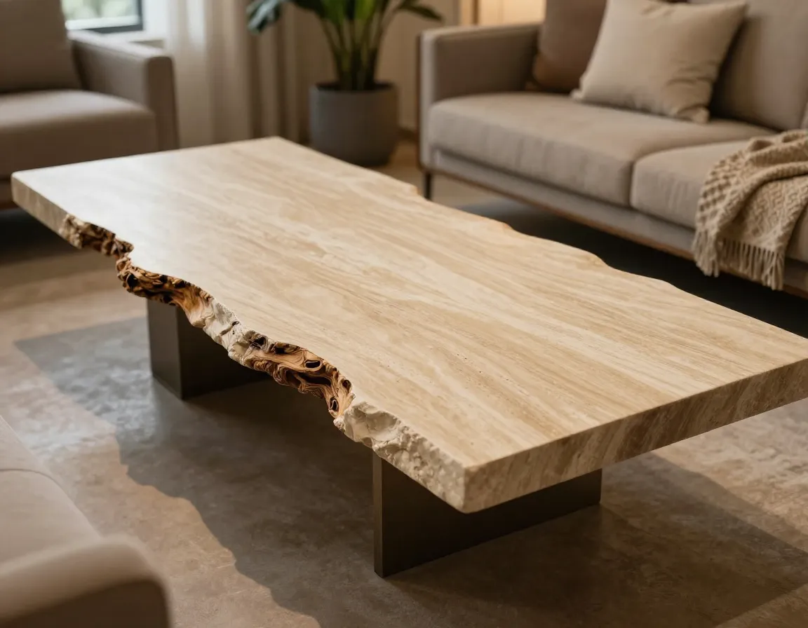 Limestone slab coffee table with natural live edge detail