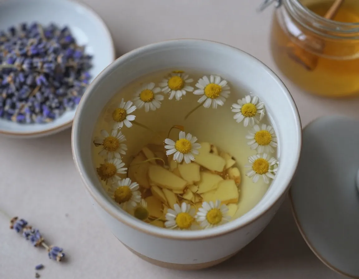 Chamomile flowers and minced ginger steeping in covered cup