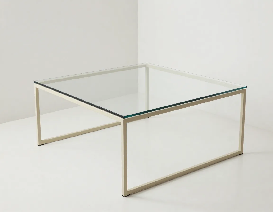 Glass and beige metal frame coffee table in a small room