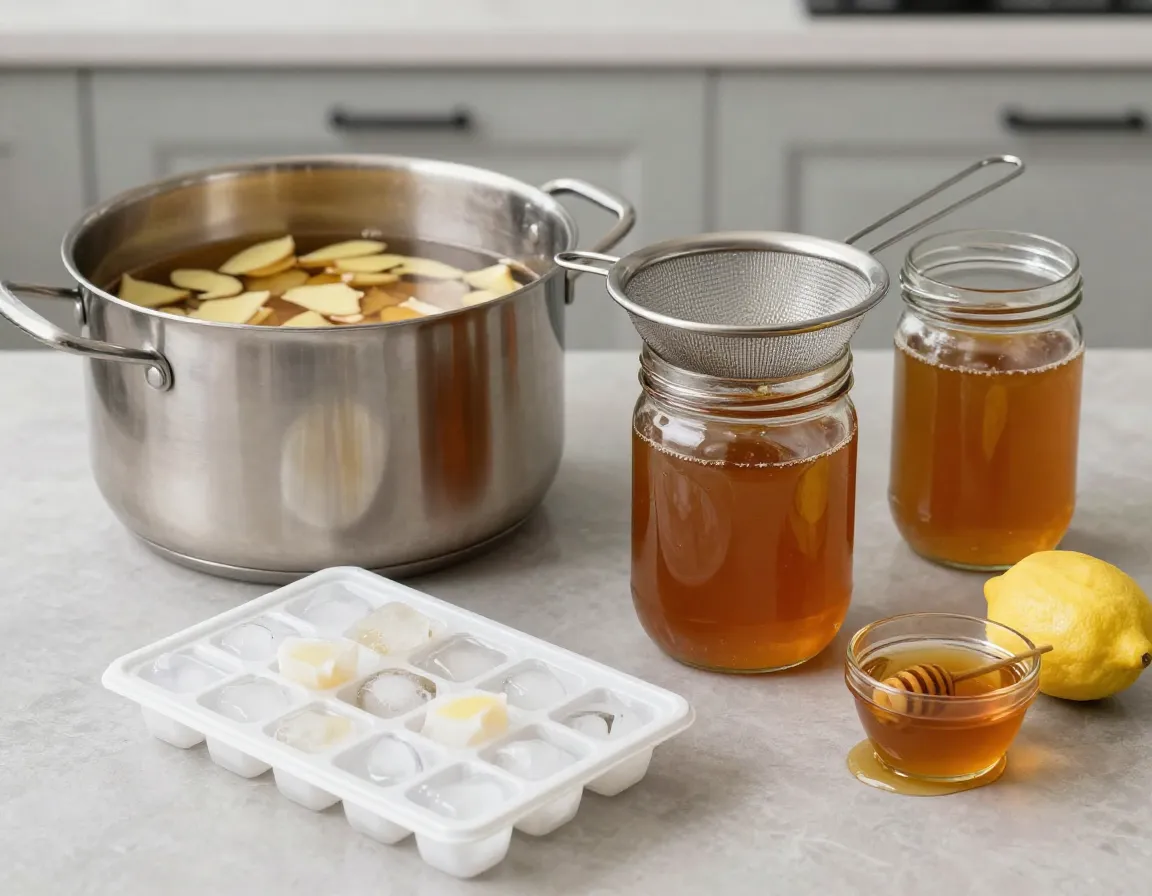 Large pot of ginger concentrate with strainer and ice cube tray
