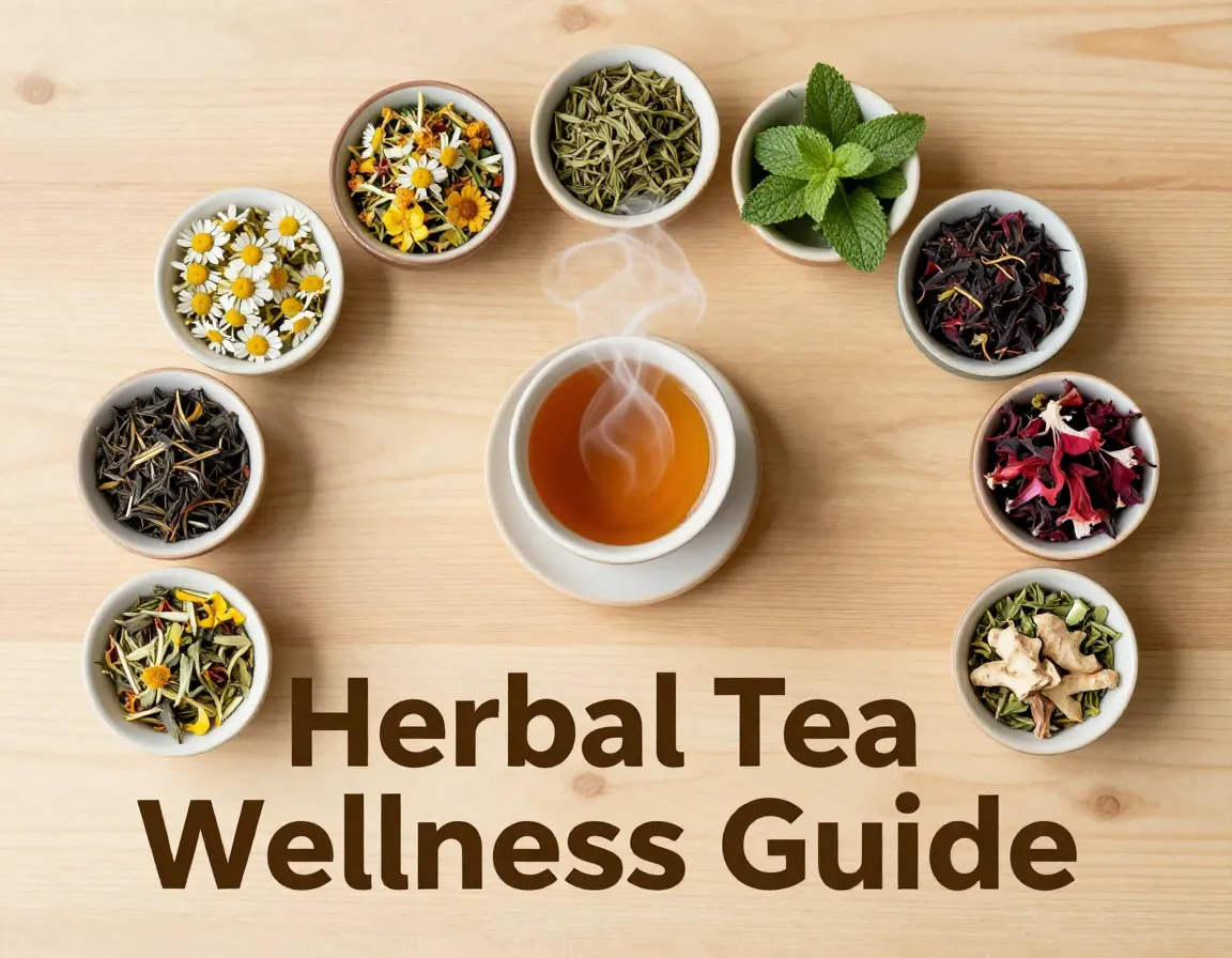 Nine herbal teas circle wellness guide flat lay