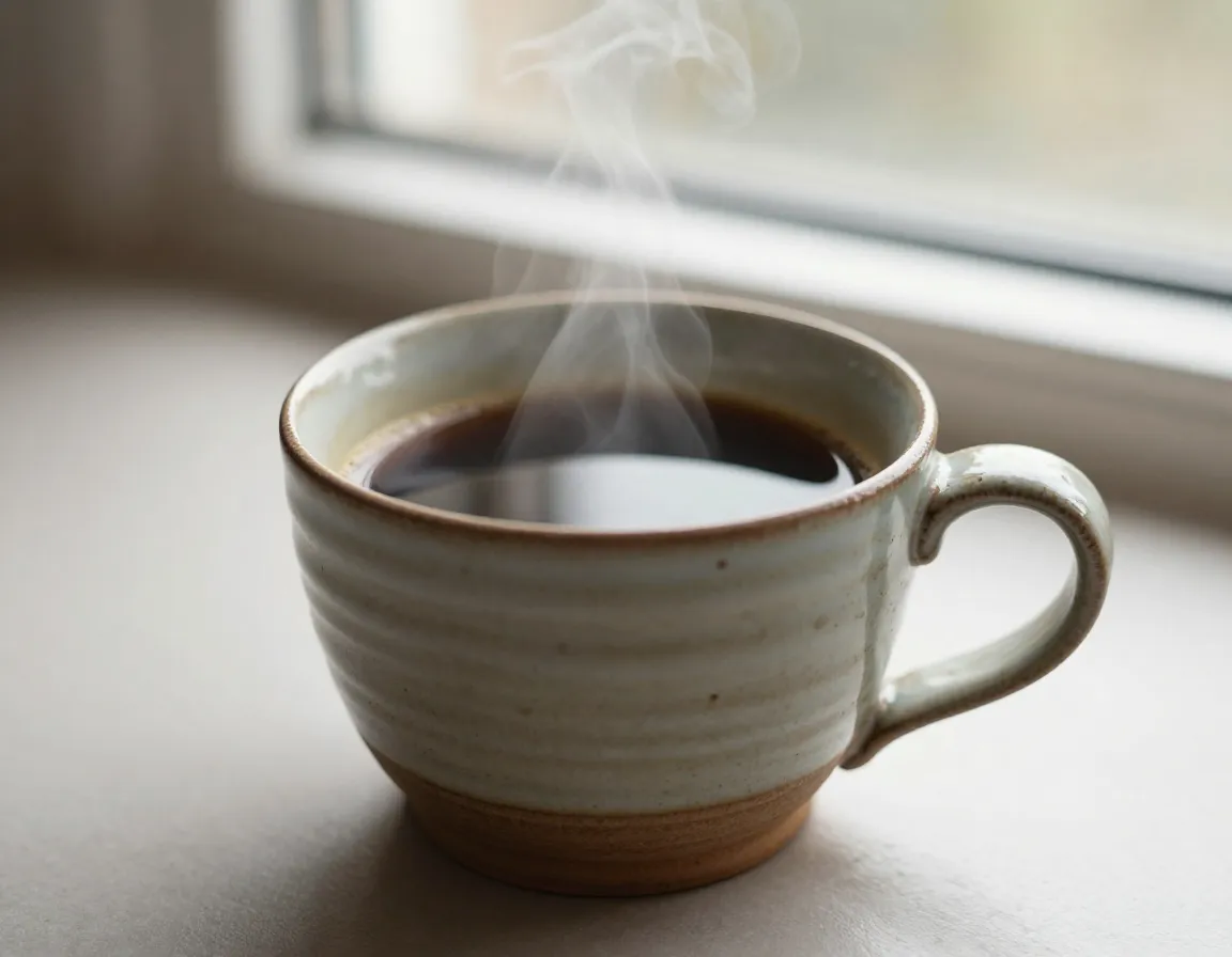 A handcrafted ceramic mug with steam rising from black coffee on a table