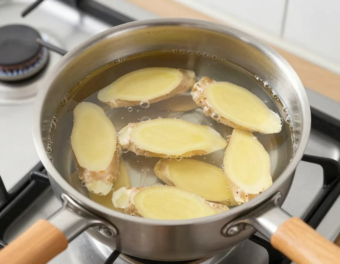 Classic fresh ginger slices simmering in clear water saucepan