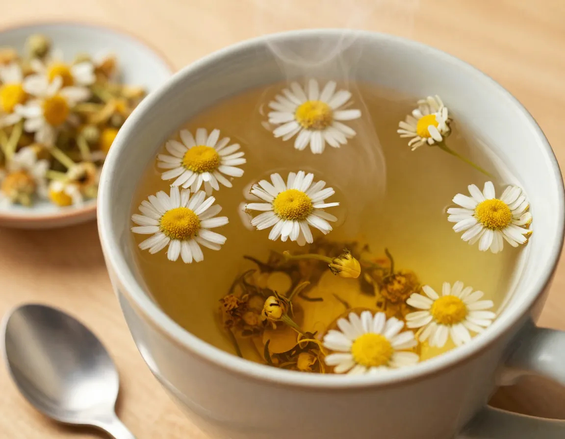Closeup of golden chamomile tea with dried flowers in a ceramic mug