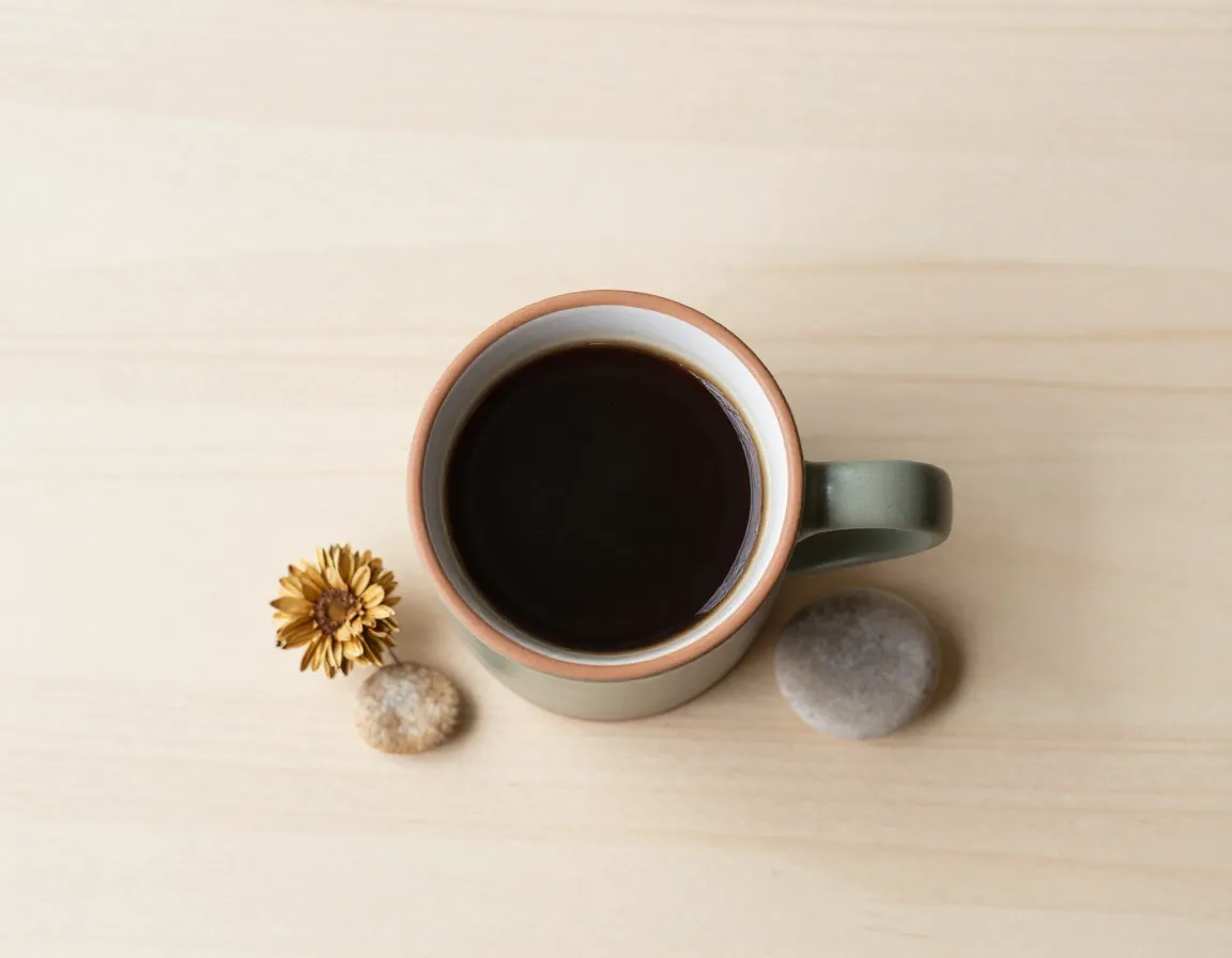 A muted earth tone mug of black coffee with terracotta and sage green props