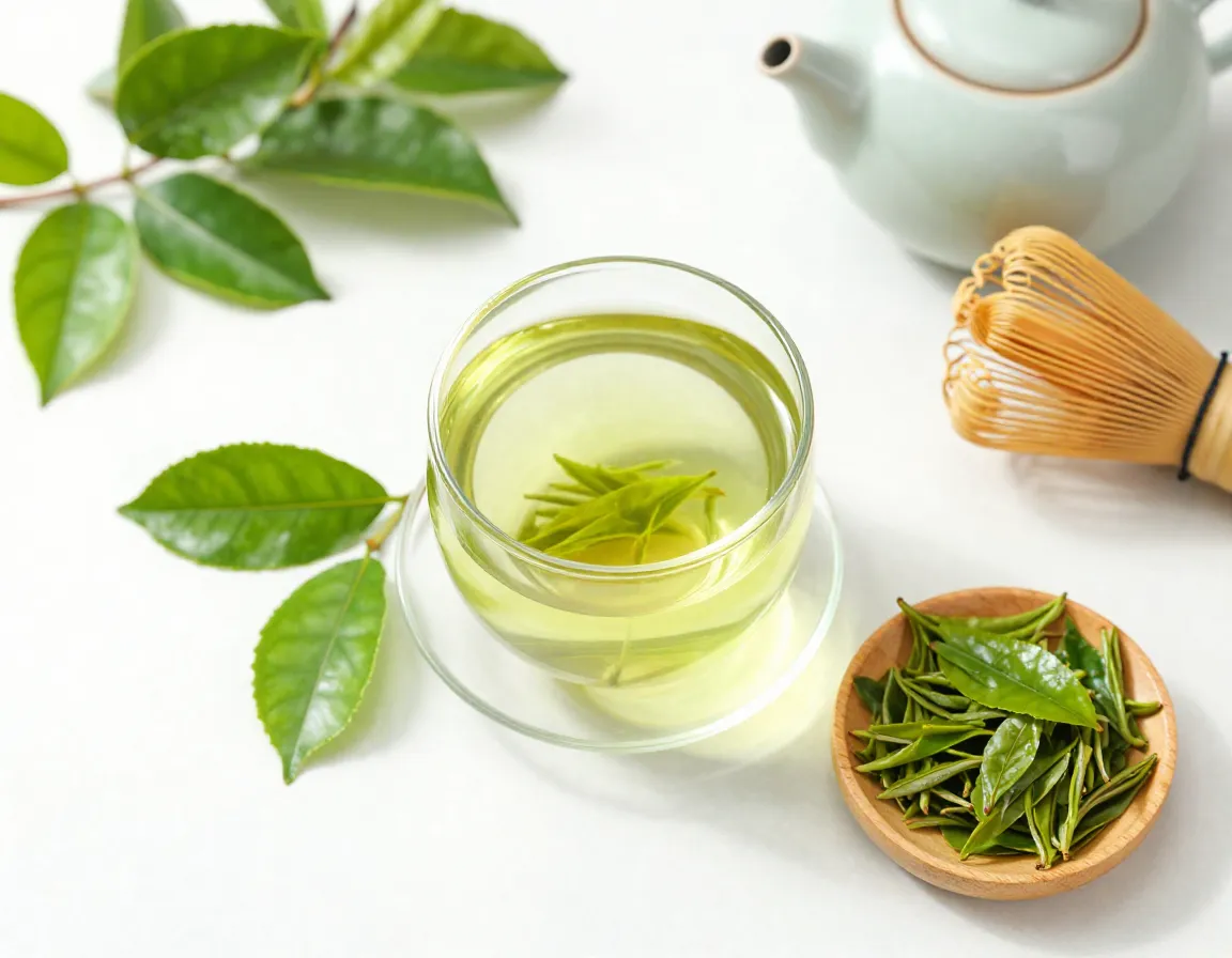 Overhead shot of pale green tea in a glass cup beside fresh leaves