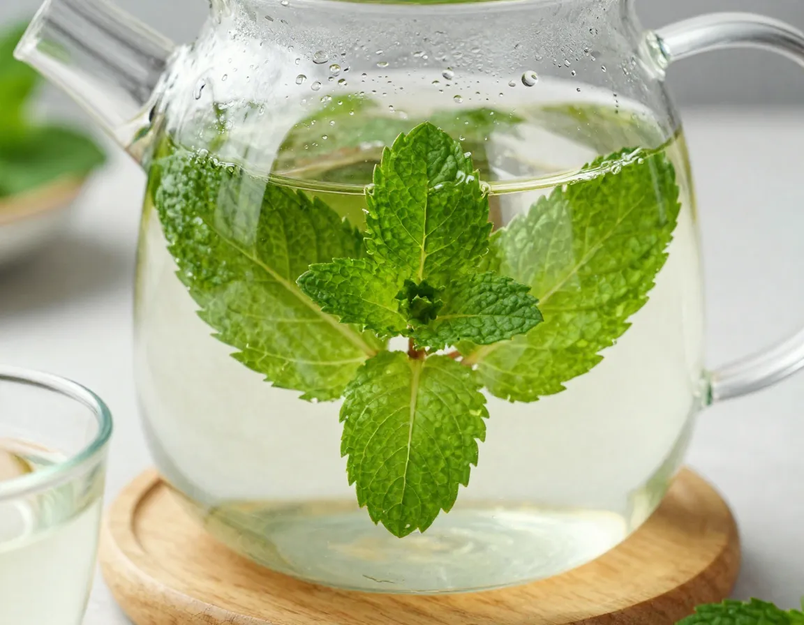 Fresh peppermint leaves steeping in a clear glass teapot