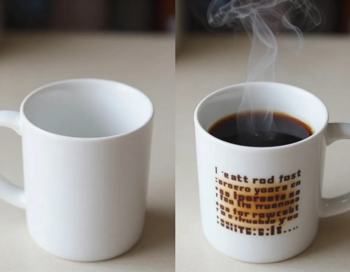 A heat changing mug revealing a hidden pattern from hot black coffee