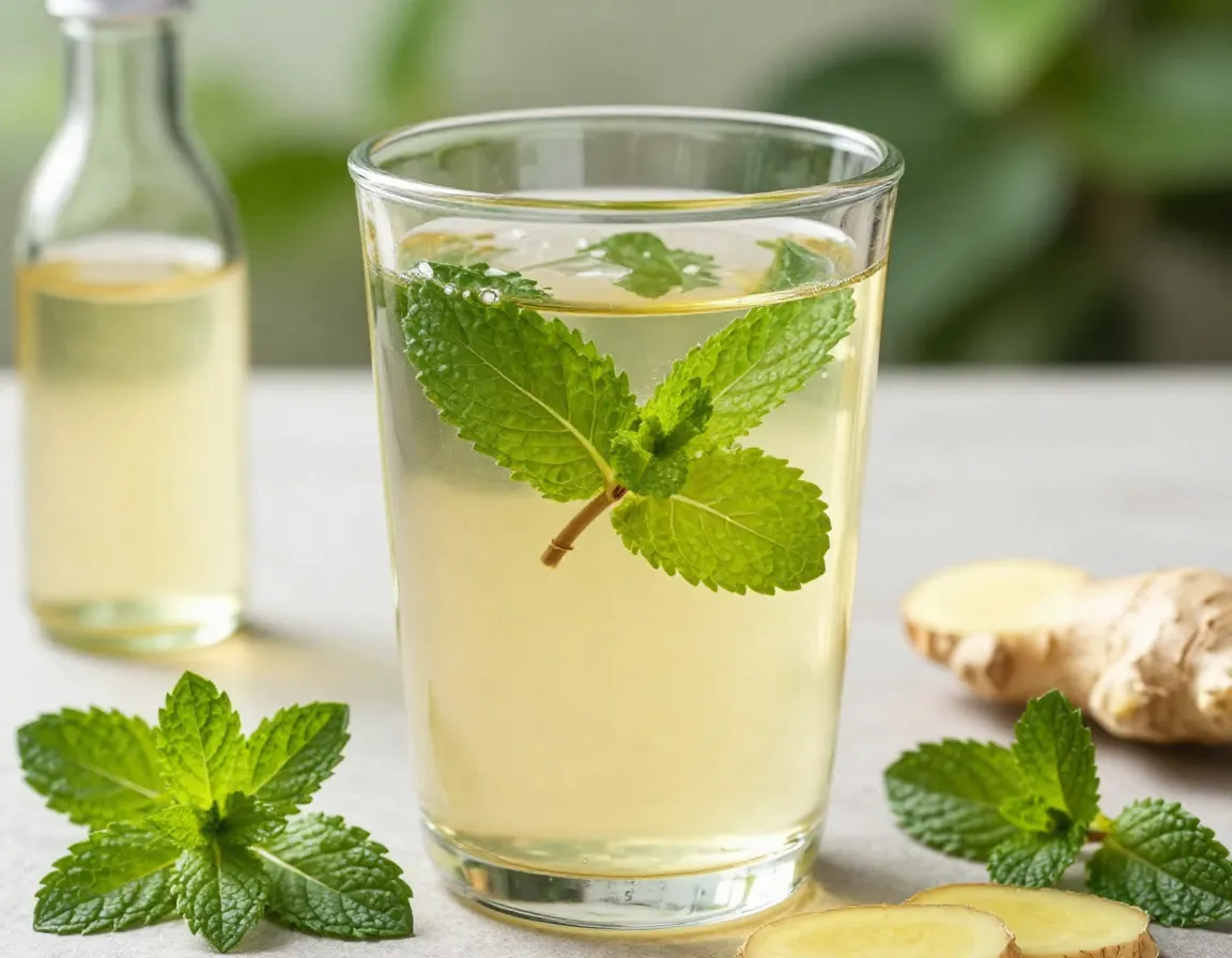 Clear ginger mint tea with fresh leaves in a glass cup