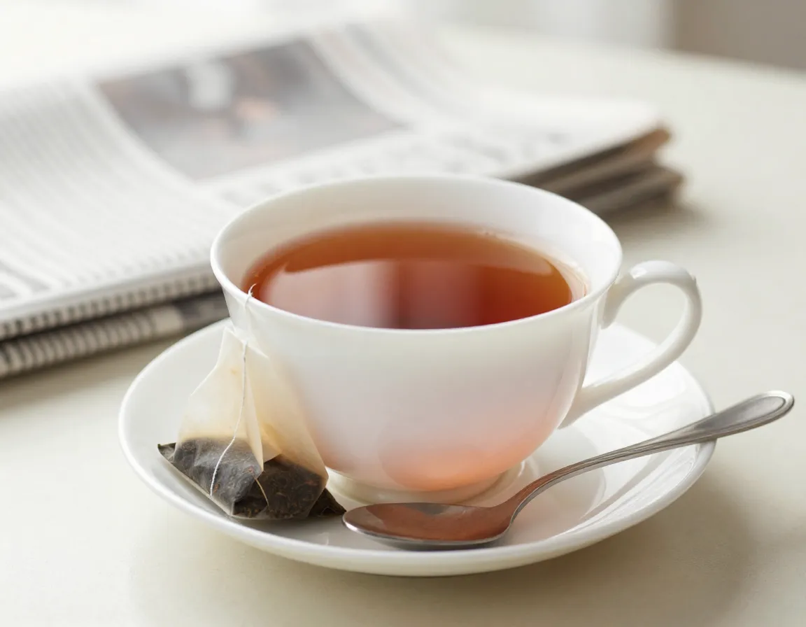 Dark amber black tea in a classic porcelain cup and saucer