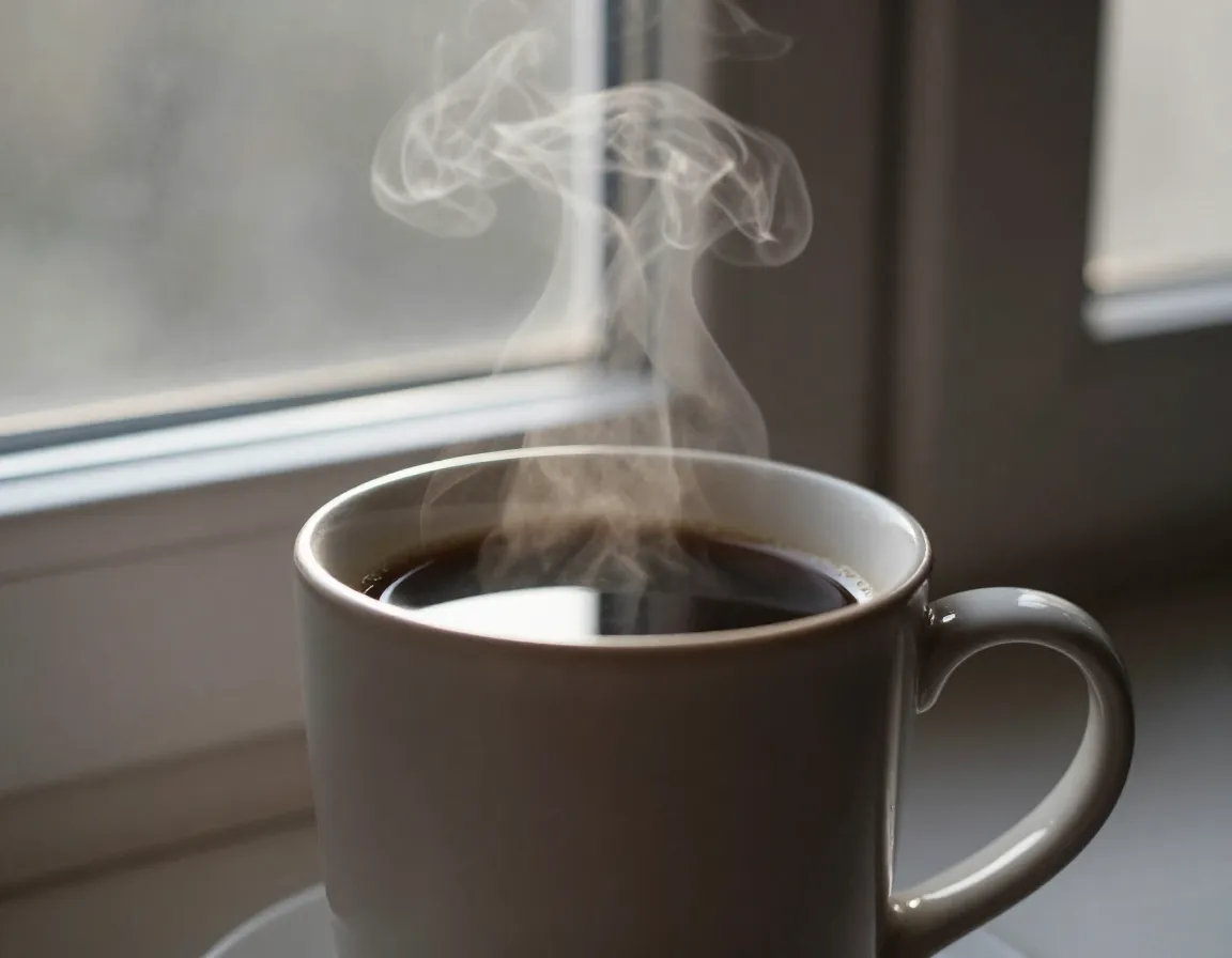 A mug of black coffee illuminated by soft natural light from a window