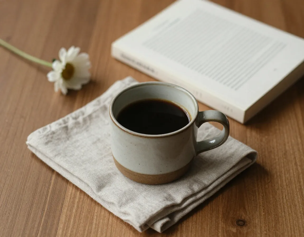 A styled coffee scene with a book linen napkin and a ceramic mug