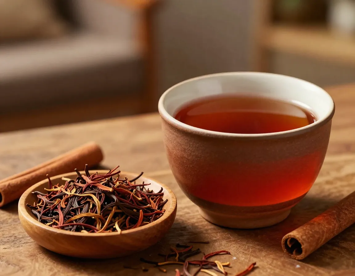 Warm reddish rooibos tea in a clay cup with dry leaves