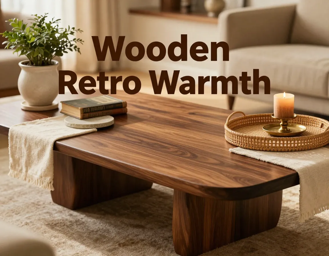 Curated walnut retro coffee table with warm vignette styling