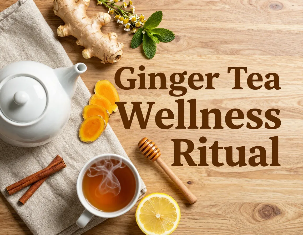Fresh ginger tea ingredients wellness ritual overhead flatlay