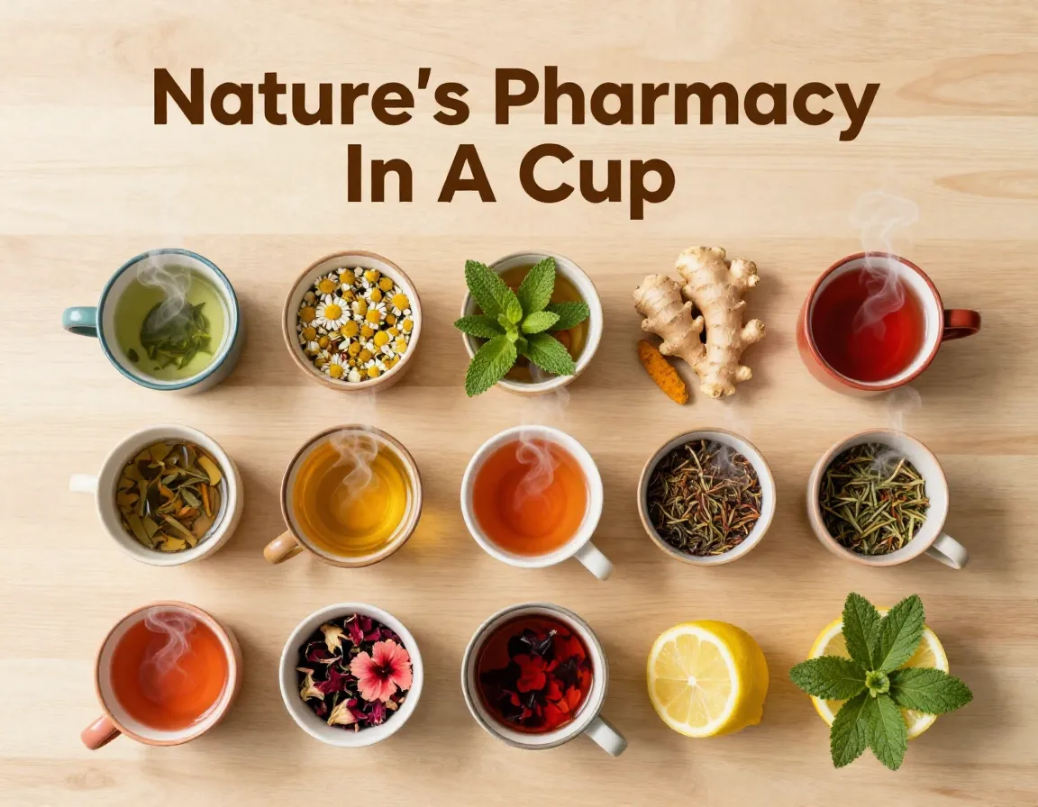 Nine herbal tea mugs grid fresh ingredients natural wellness flatlay