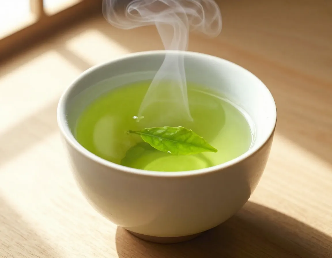 Green tea cup japanese ceramics steam heart health morning sunlight