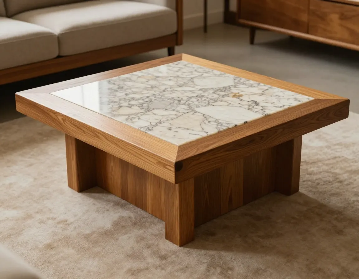 1970s inspired chunky oak coffee table travertine inlay