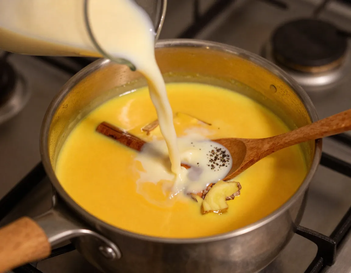 Golden milk ginger tea with turmeric cinnamon in saucepan