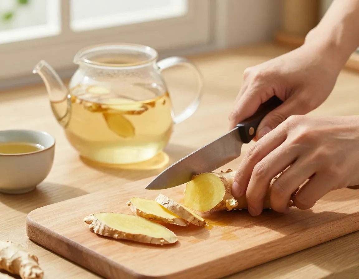 Fresh ginger root sliced golden tea digestive health after meal