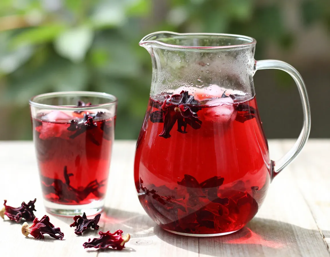 Hibiscus tea vibrant red flowers blood pressure health support glass pitcher