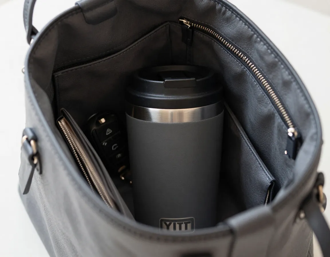 Compact twelve ounce rambler mug in a womens handbag