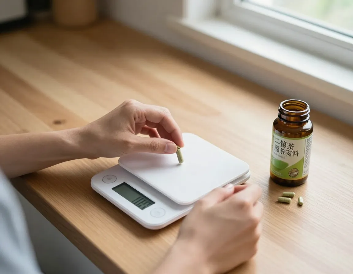 Person using digital scale while holding green tea extract capsule