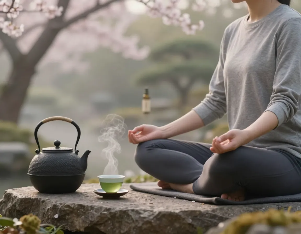 Person meditating in serene garden with green tea cup and supplement bottle