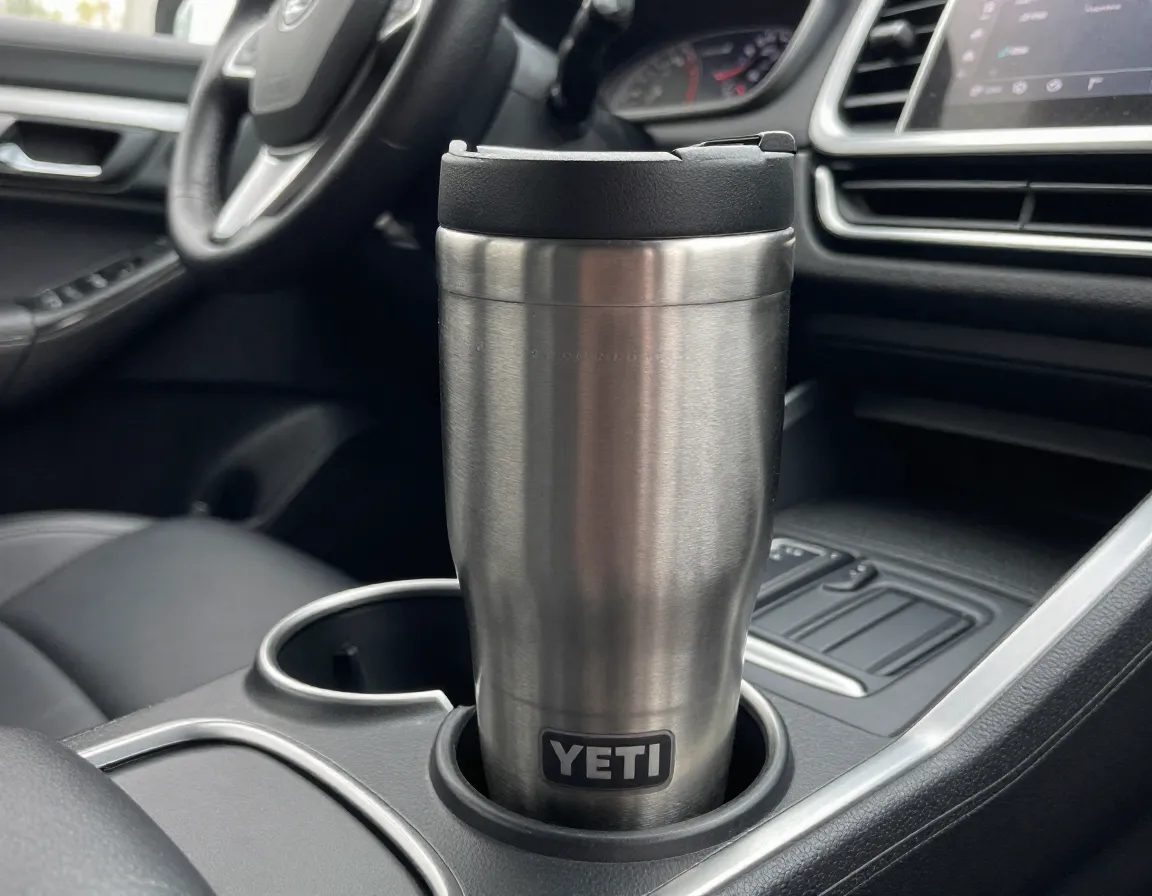 Sixteen ounce rambler mug in a standard car cup holder