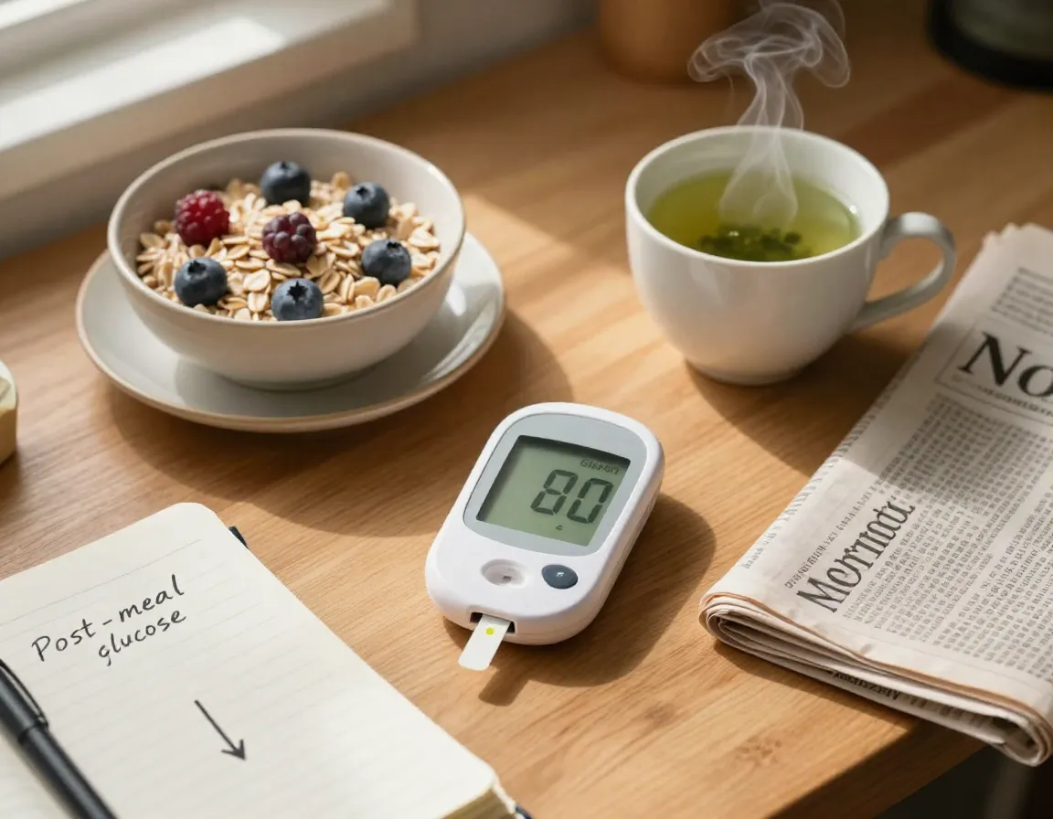 Glucose monitor and green tea on breakfast table with nutrition journal