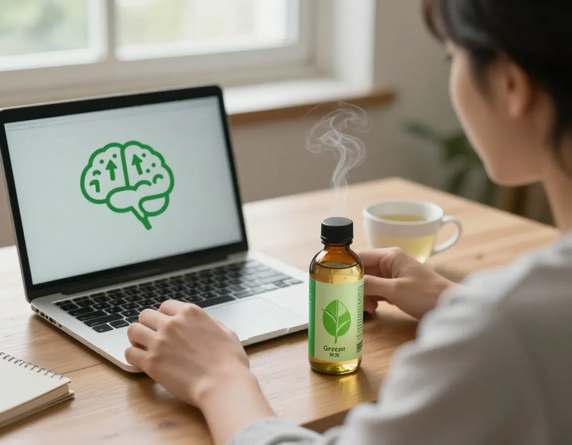 Person focused on laptop with green tea extract and brain icon