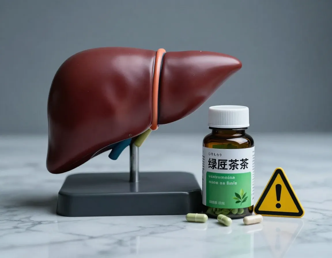 Healthy liver organ model next to green tea extract with warning sign