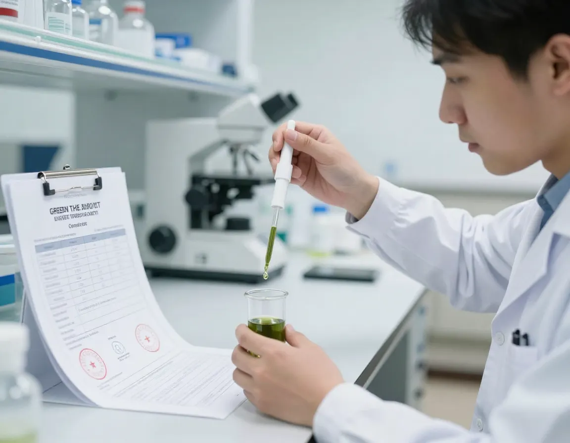 Laboratory scientist analyzing green tea extract with certificate