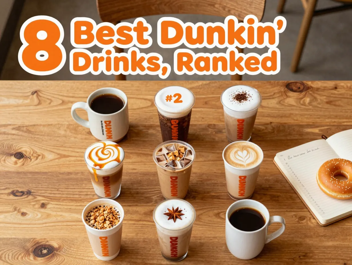 Dunkin drinks ranked grid americano cold brew caramel chai flat lay
