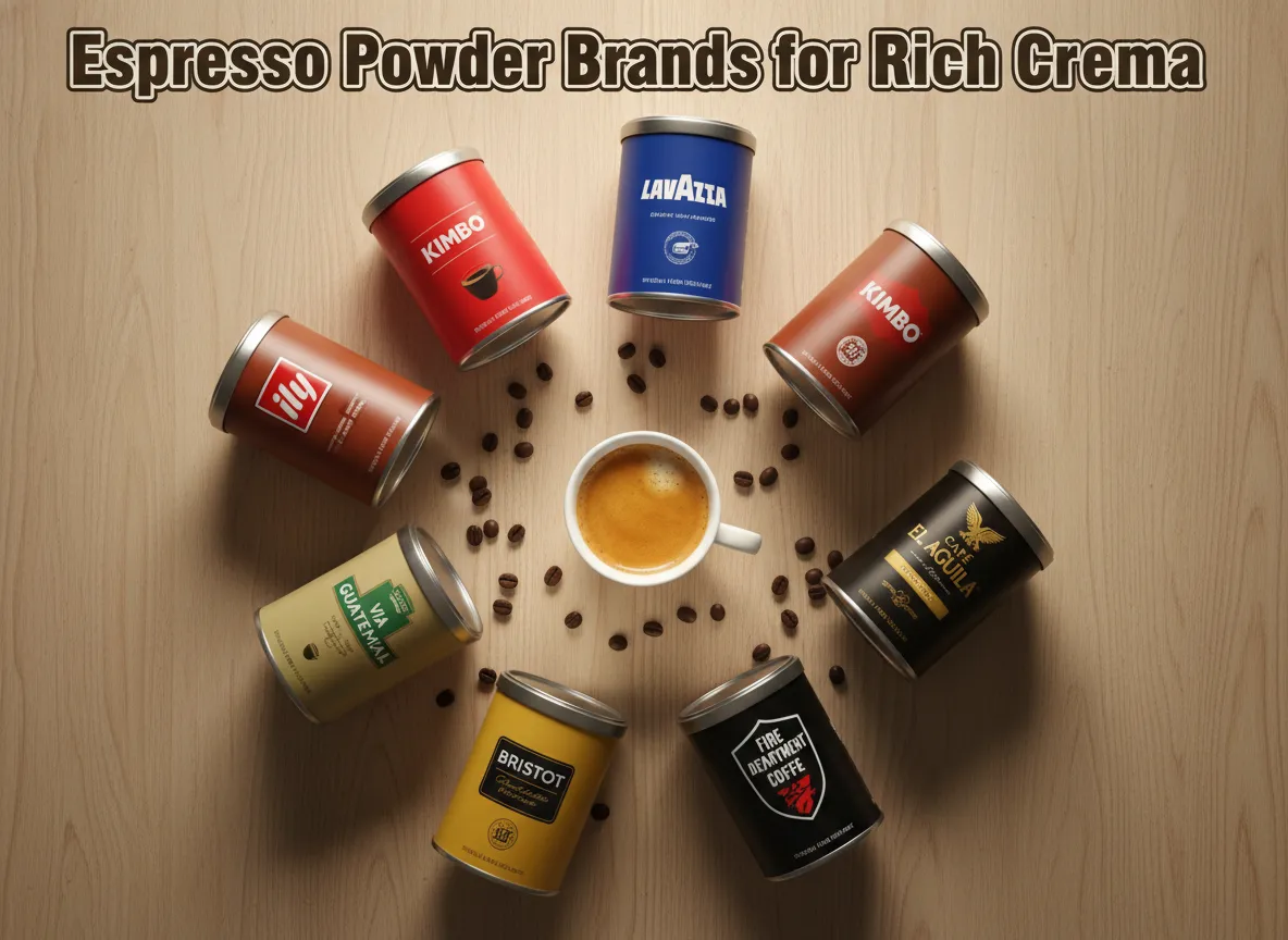 Espresso powder canisters circle central crema cup flat lay