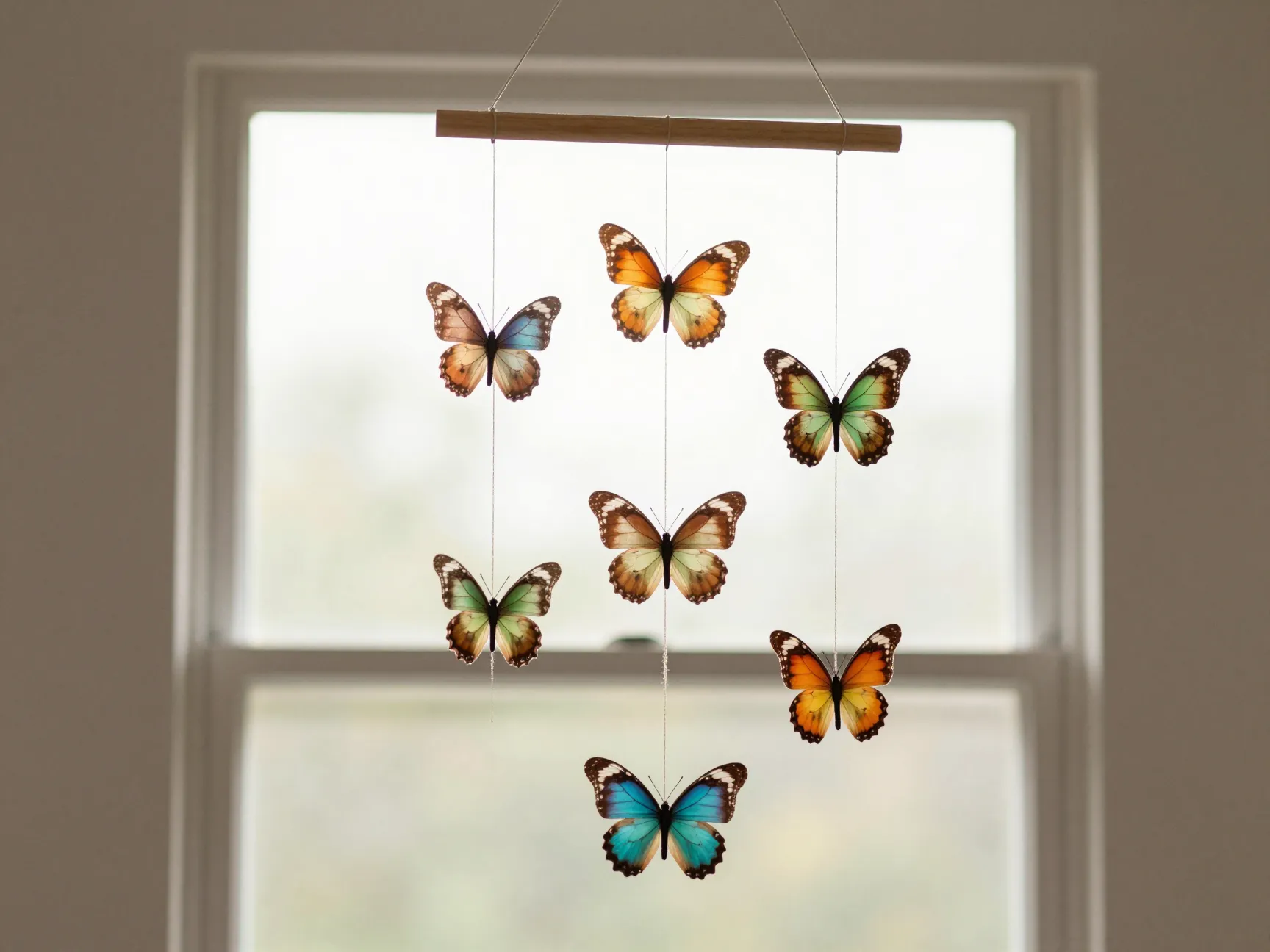 Coffee filter butterfly mobile hanging wooden dowel string lengths sunlight