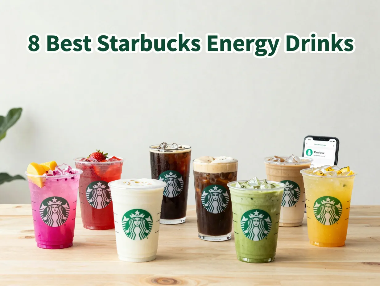 Flatlay eight starbucks energy drinks refreshers cold brew espresso