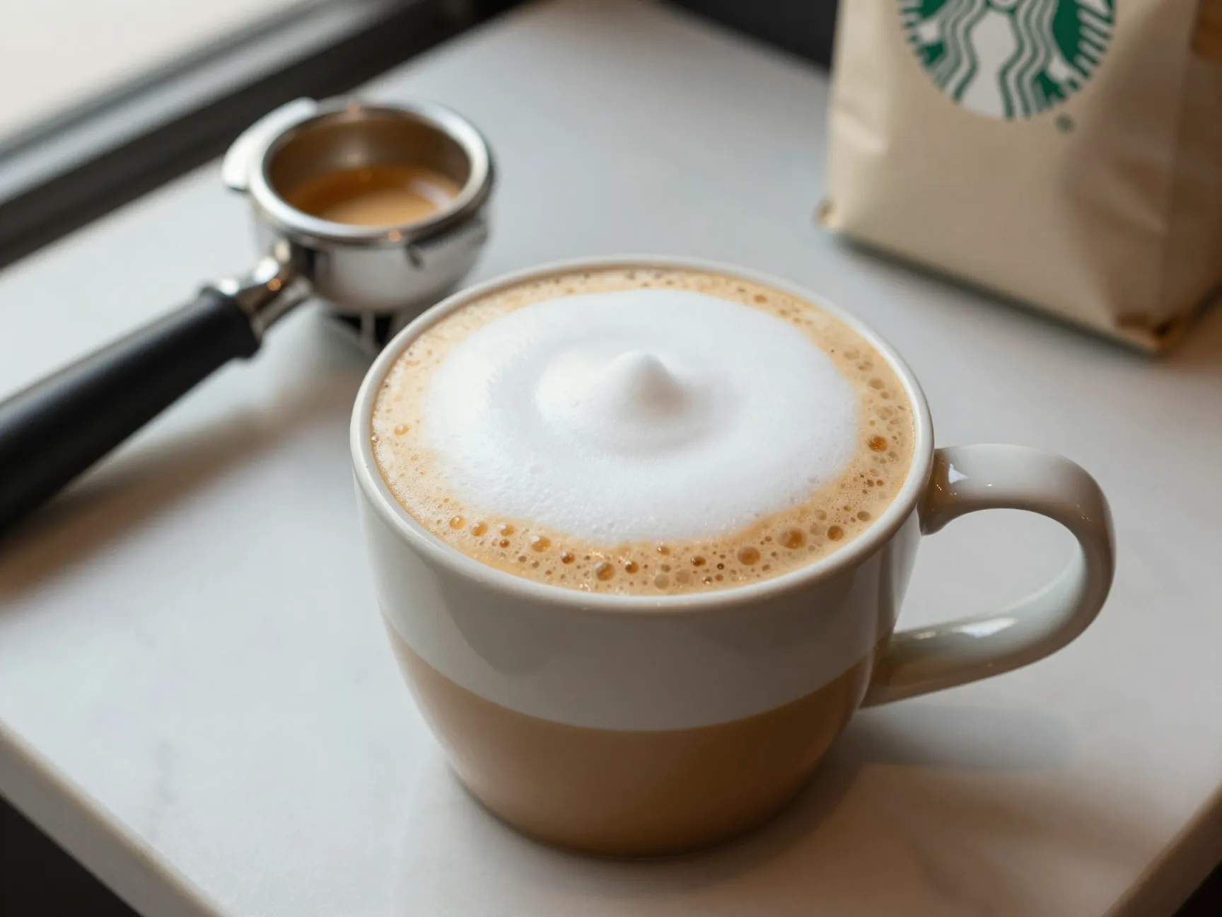 A velvety flat white on a marble counter with espresso ristretto and foamed whole milk