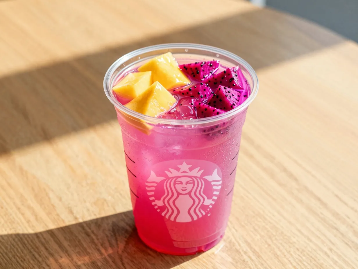 Mango dragonfruit energy refresher drink pink hue tropical setting