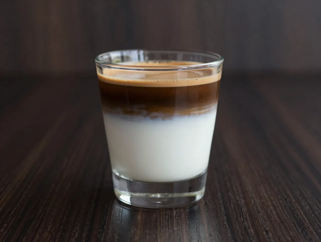 A glass cortado with equal parts intense espresso and smooth steamed milk